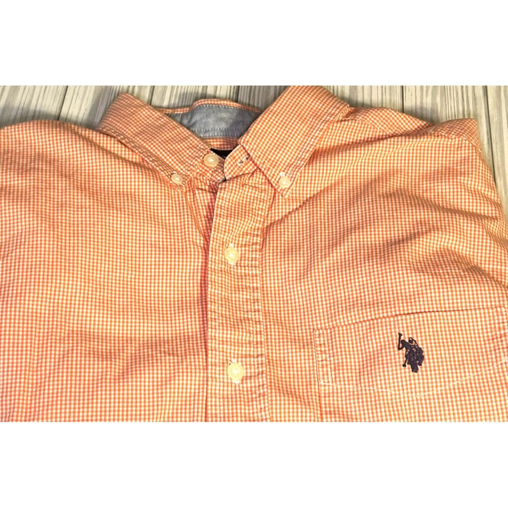 U.S.POLO ASSN Men's Orange checkered Button Front Short Sleeve Shirt LARGE